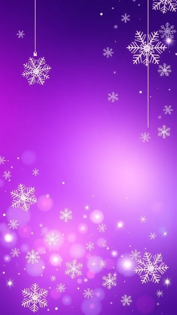 Violet Christmas background with snowflakes, ornaments, and twinkling lights.